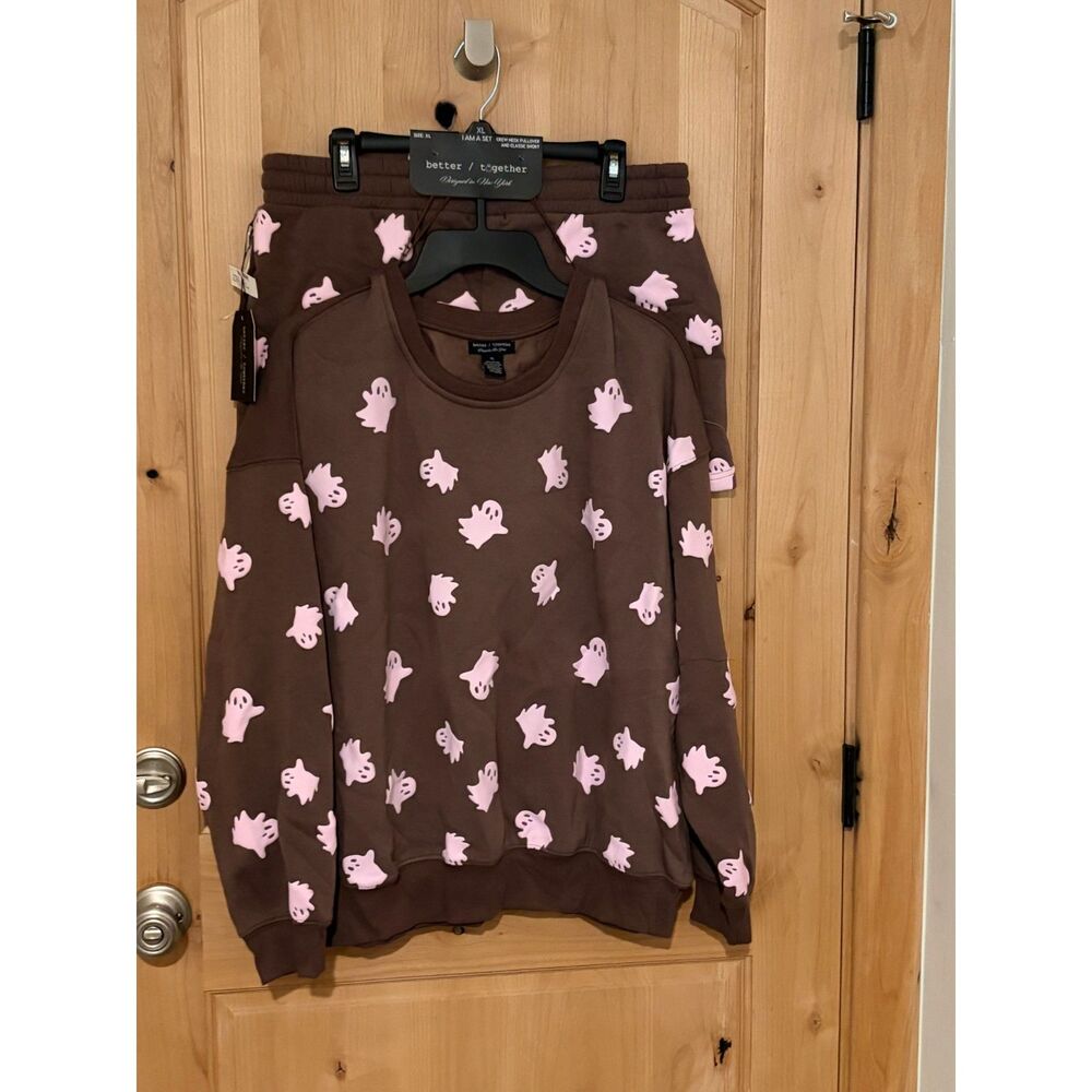 Better Together Ghost Sweatshirt & Shorts 2 Piece Loungewear Set in Brown XL NWT
